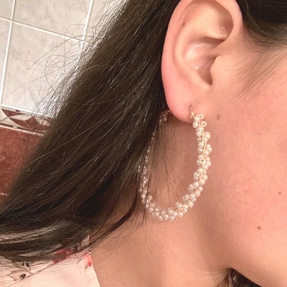 Gold hoop earrings Beaded Statement Boho faux Pearl chunky twist 💖2/$30 - Picture 12 of 14